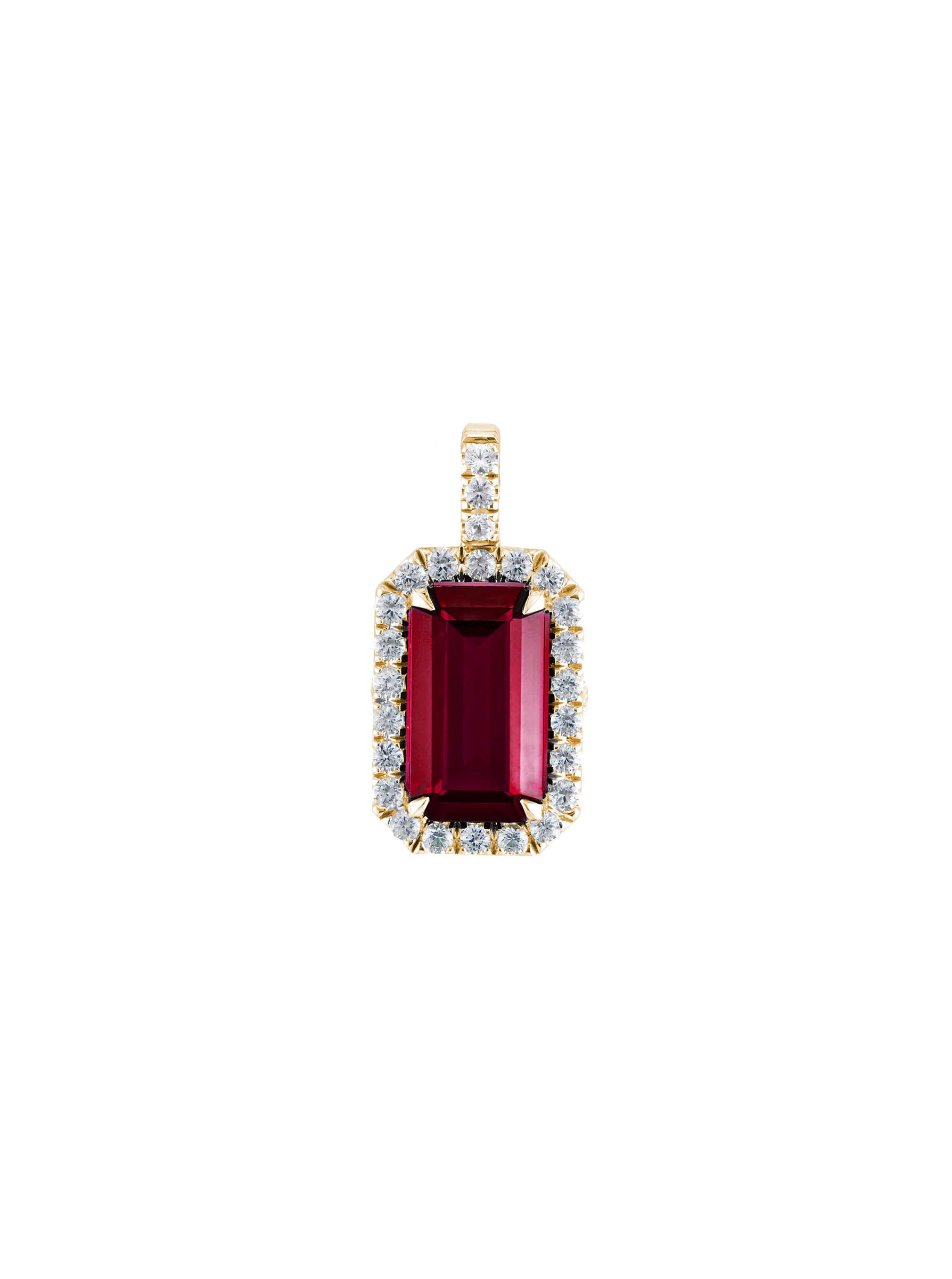 LAB RED SAPPHIRE EMERALD CUT PENDANT, GOLD