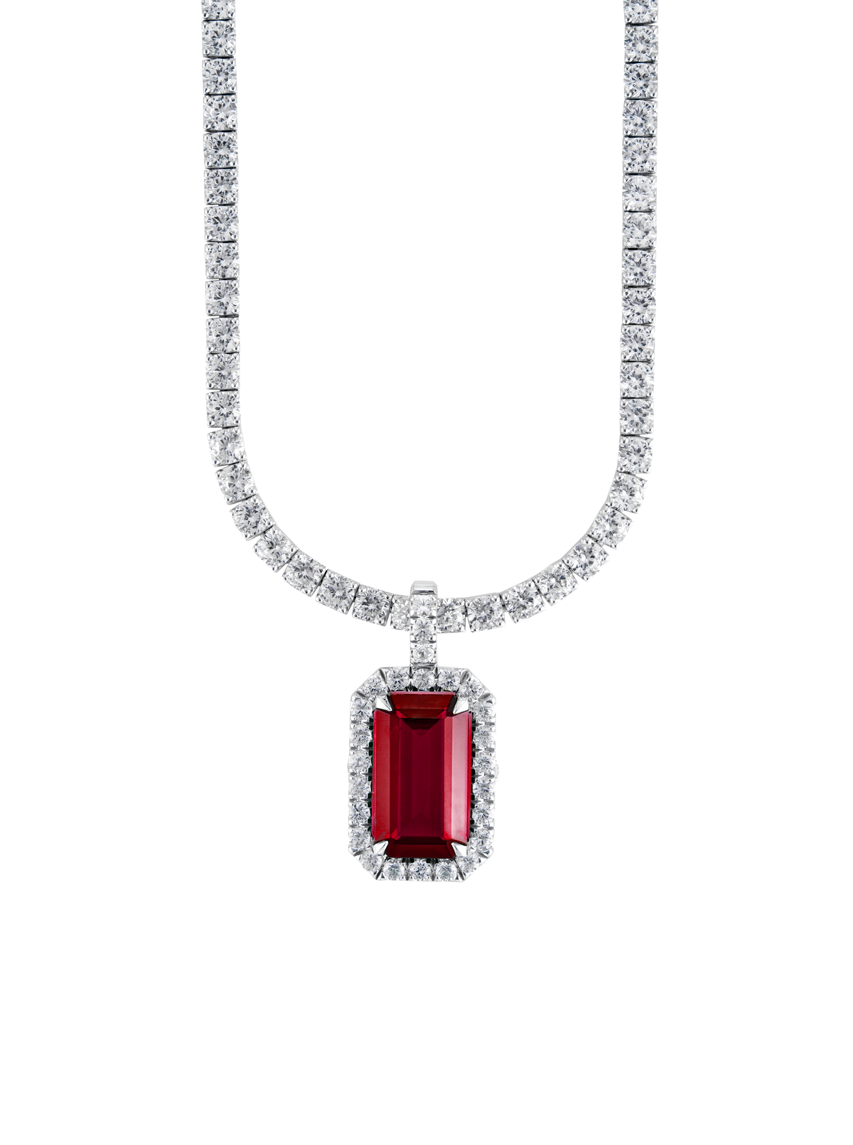 LAB RED SAPPHIRE EMERALD CUT PENDANT, SILVER