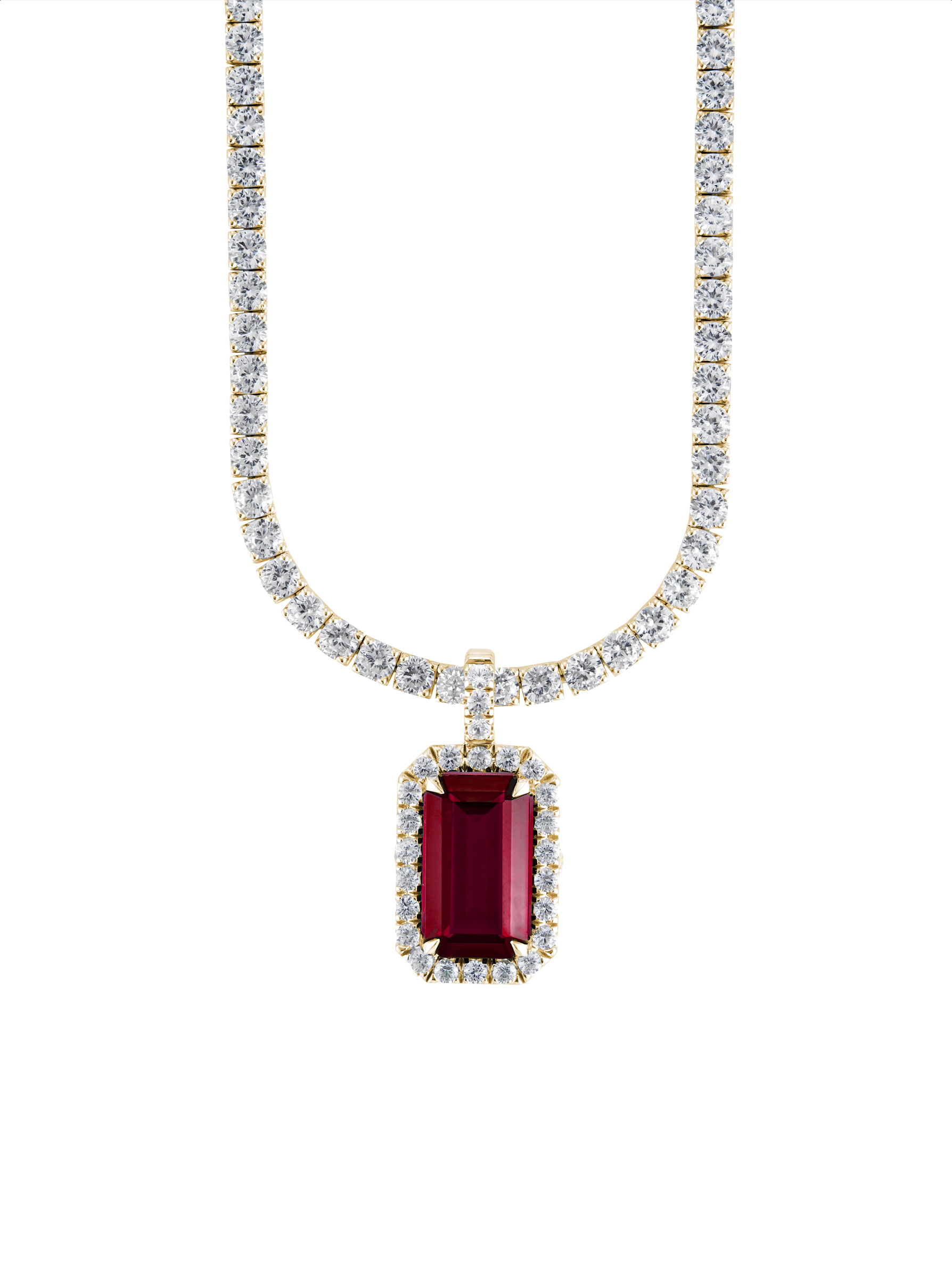 LAB RED SAPPHIRE EMERALD CUT PENDANT, GOLD