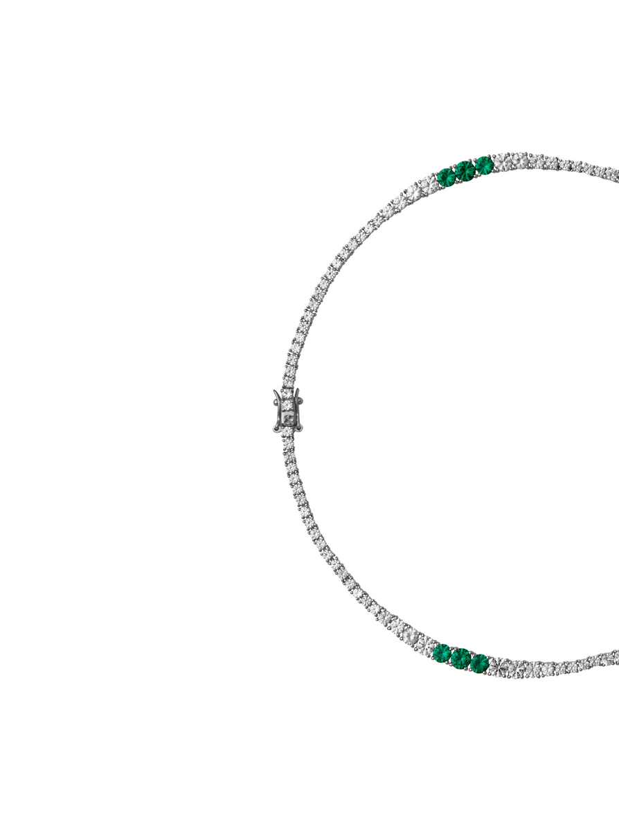 ISADORA, LAB WHITE SAPPHIRE AND NANO CRYSTAL EMERALD GRADUATED SILVER RIVIÈRE NECKLACE