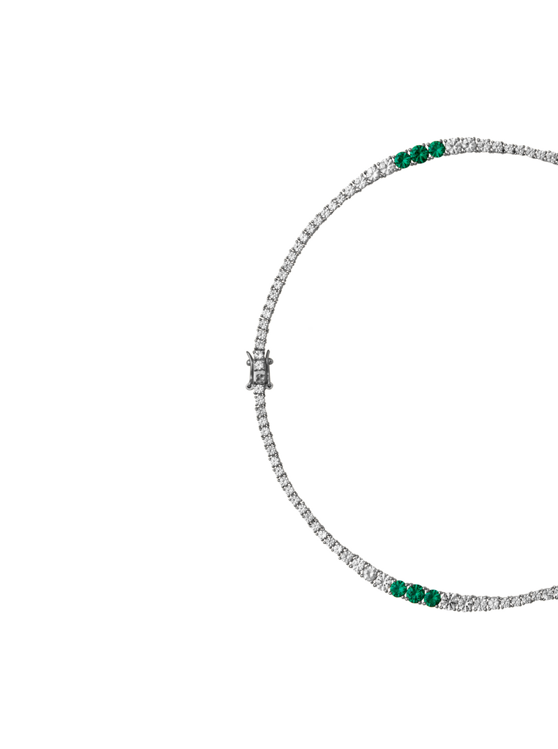 ISADORA, LAB WHITE SAPPHIRE AND NANO CRYSTAL EMERALD GRADUATED SILVER RIVIÈRE NECKLACE