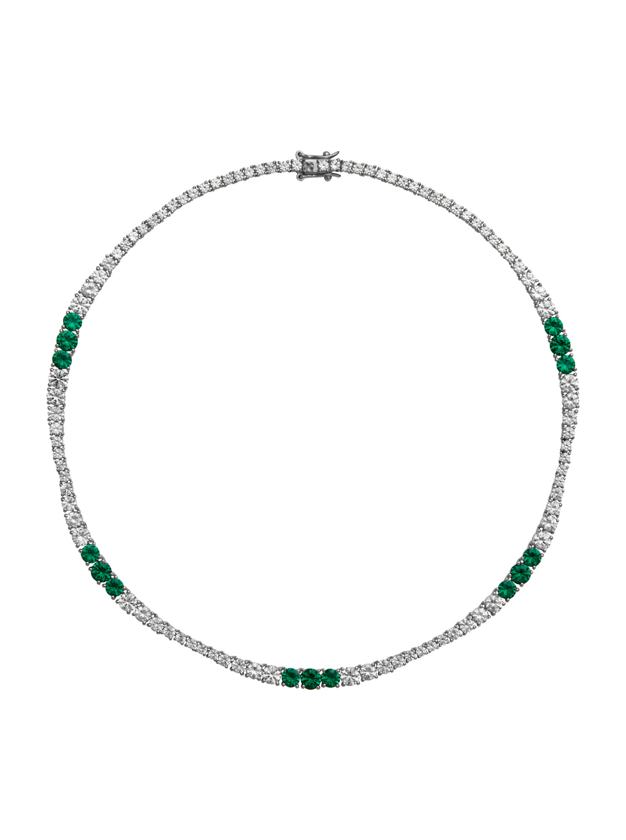 ISADORA, LAB WHITE SAPPHIRE AND NANO CRYSTAL EMERALD GRADUATED SILVER RIVIÈRE NECKLACE