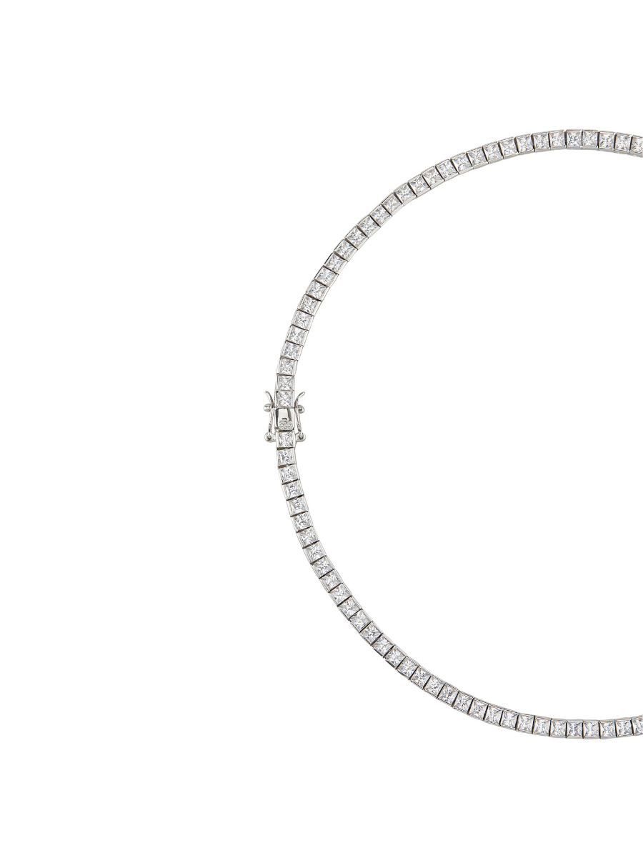 DORSEY PRINCESS CUT, LAB WHITE SAPPHIRE SILVER RIVIÈRE NECKLACE